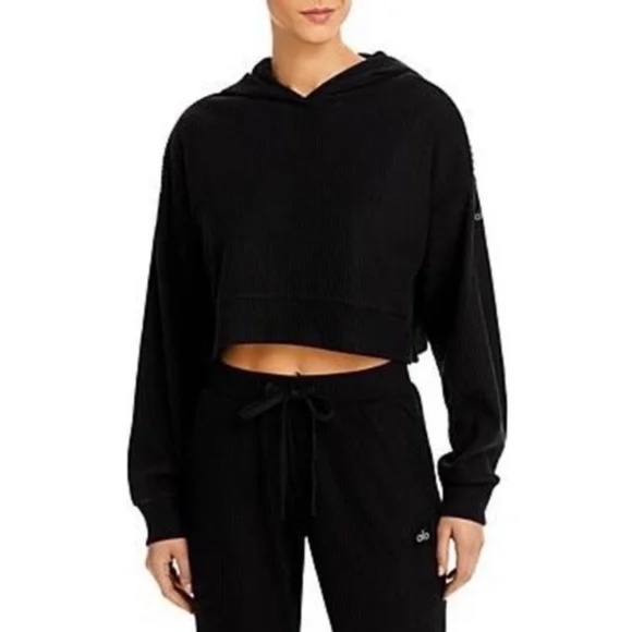 ALO Yoga The Muse Crop Ribbed Hoodie Sweatshirt Black S - Picture 1 of 4
